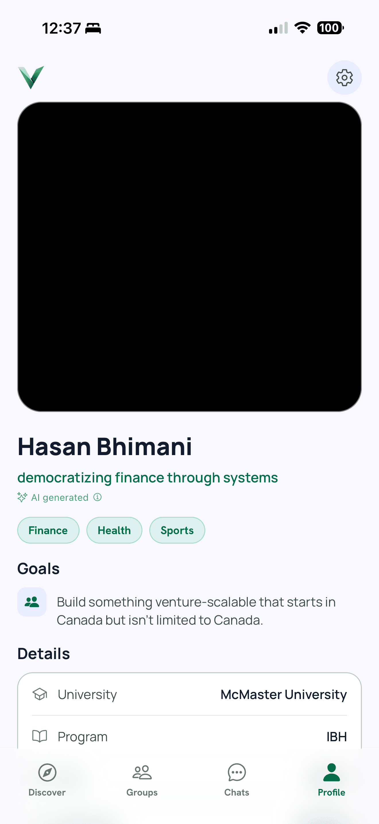 A student profile card showing goals, interests, and program details
