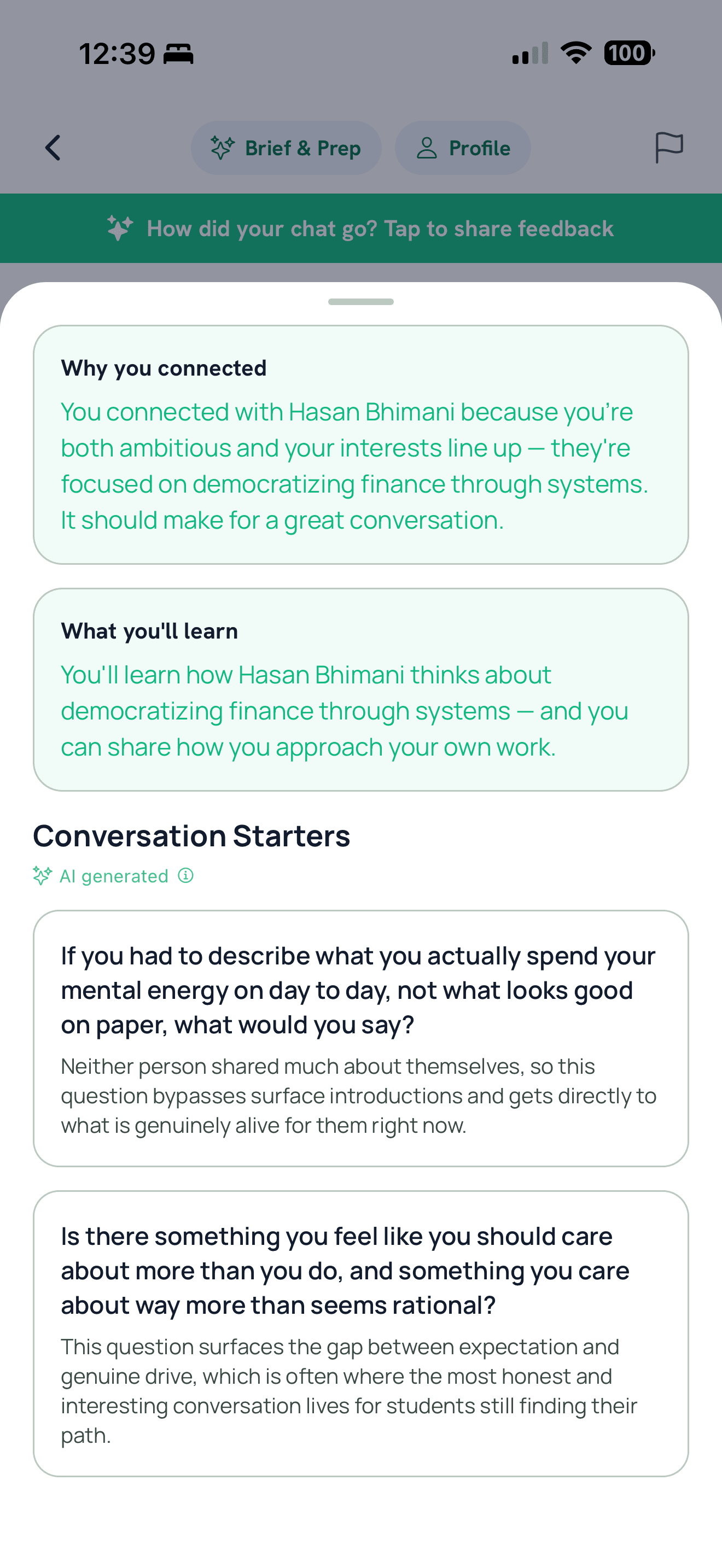 An AI-generated meeting prep guide with conversation starters